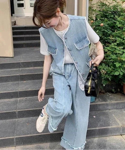 セットアップ レーストリムノースリーブデニムベスト ＋ フリンジワイドレッグデニムパンツ セットアップ レディース