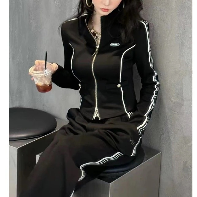 ハイエンドのカスタマイズ-ファッショナブルなカジュアルスポーツスーツ女性のスリムジャケットワイド脚パンツ 2 点セット 2025 春の新作婦人服