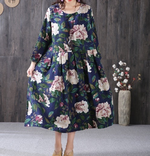 1162．花柄レトロシンプルワンピース（ダークブルー）