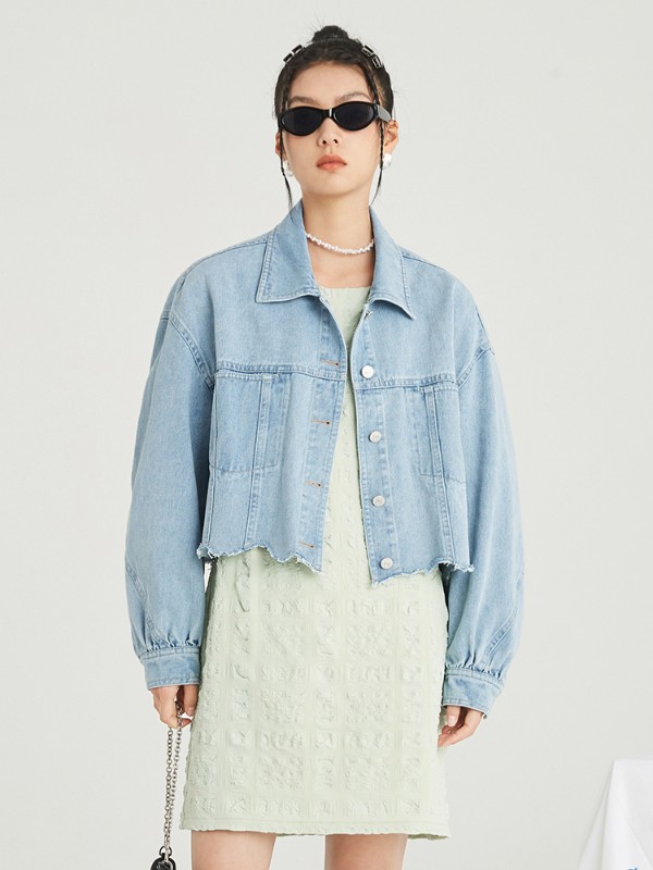 オーモント エッグタルト レトロ イレギュラー ショート 切りっぱなし デニムジャケット レディース 春 薄手 新作 スリム デニムジャケット