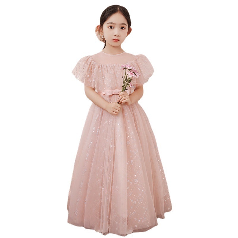 女の子 ワンピース ドレス 子供 キラキラドレス シェルピンク 半袖 ウェストリボン スパンコール付