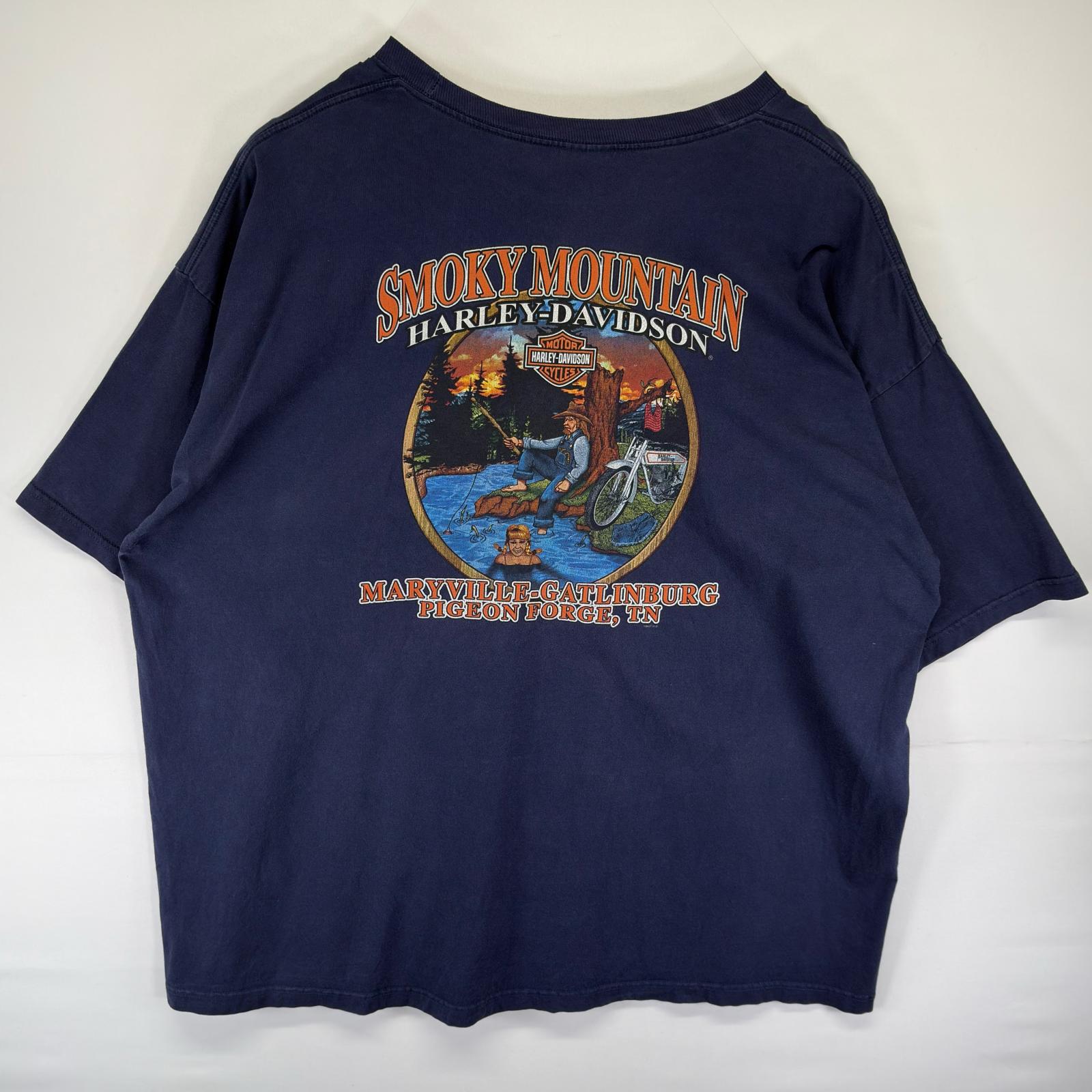 古着 ハーレーダビッドソン Harley-Davidson USA製 半袖Tシャツ バックプリント 胸ポケット 5XL ネイビー系 バックプリント メンズ
