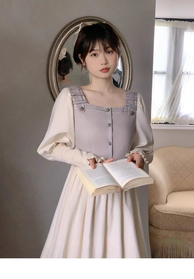 プラスサイズ 婦人服 スクエアカラー ハイウエスト ドレス 春 夏 A ラインスカート ワンピース 膝下 袖あり 長袖 スクエアネック 襟なし かわいい 大人可愛い カジュアル 大人 上品 おしゃれ