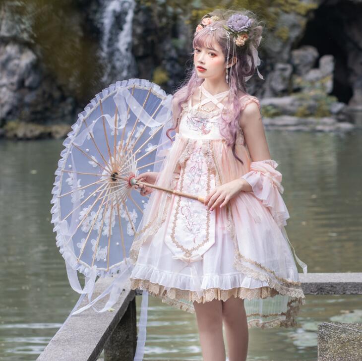 ロリータワンピース 膝丈 キャミソール ドレス 漢元素 ロリータ服 ミドル丈 ドレス lolita 改良版漢服 コスチューム 学園祭 文化祭 イベント レディースコスプレ衣装 ノースリーブ ドレス