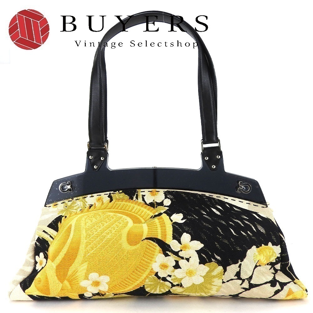中古 トートバッグ AQ-21 4317 ガンチーニ キャンバス レザー プラスチック NERO ブラック イエロー 総柄 レディース 女性