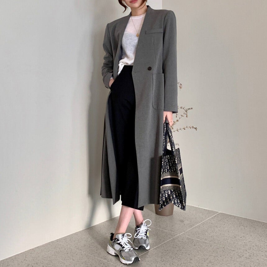 チェスターコート ロングコート ロング丈 アウター 羽織り Vネック ノーカラー 長袖 無地