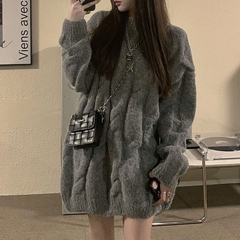 ケーブル編みニットチュニック レディース トップス ニット チュニック ミニワンピース ケーブル編み ラウンドネック 長袖 ドロップショルダー ロングニット ケーブルニット セーター FREE 灰色