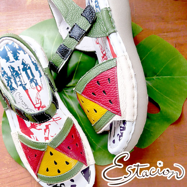 エスタシオン Estacion レディース サンダル 本革 レザー ストラップサンダル カジュアルシューズ 靴 すいかモチーフ MSE143A マルチ