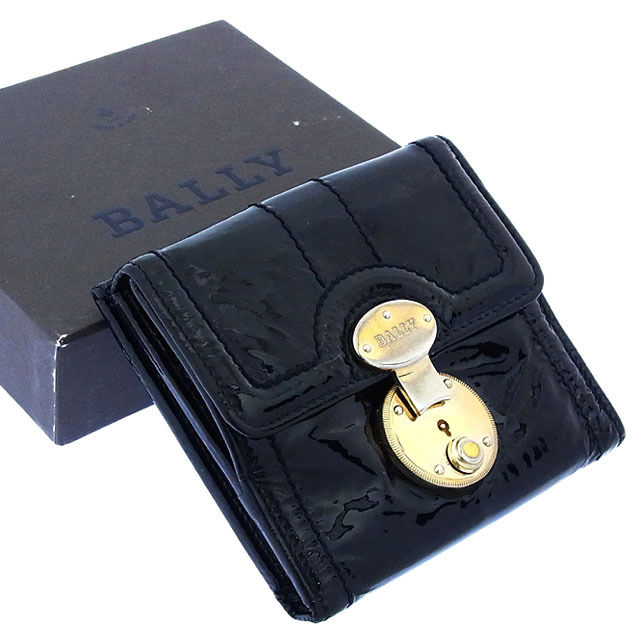 Wホック財布 二つ折り ロゴプレート ステッチライン入り ブラック ゴールド 中古