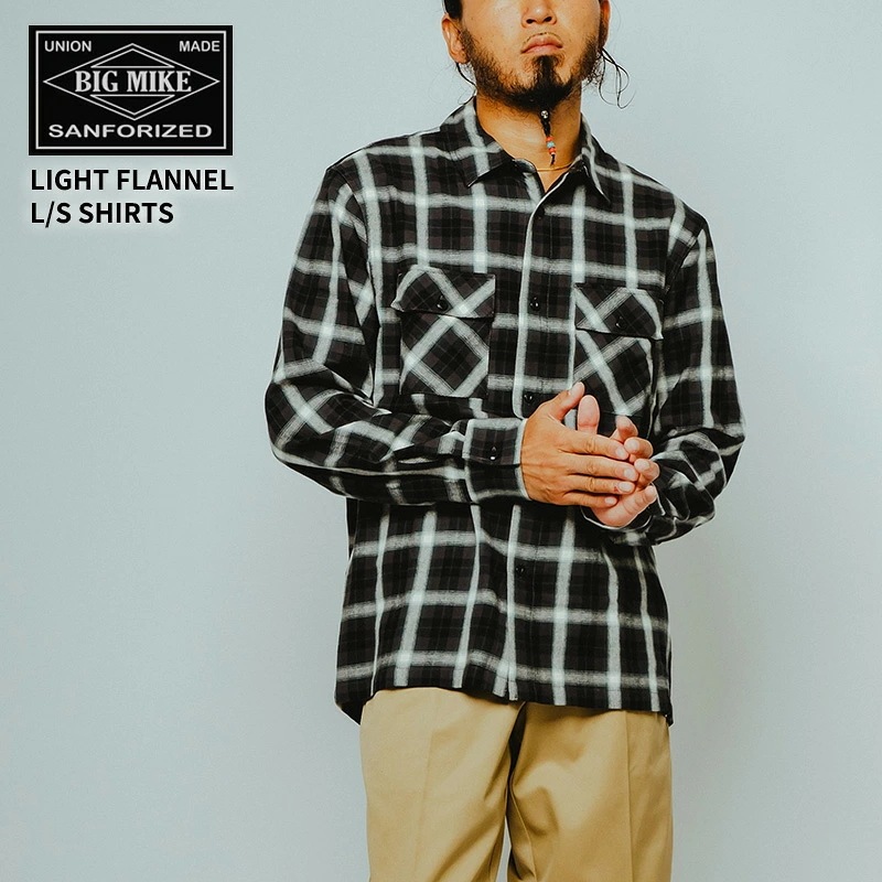 ビッグマイク メンズ 長袖シャツ BIG MIKE ライト フランネルシャツ ネルシャツ チェックシャツ BLK×GRN×WHT 102615100