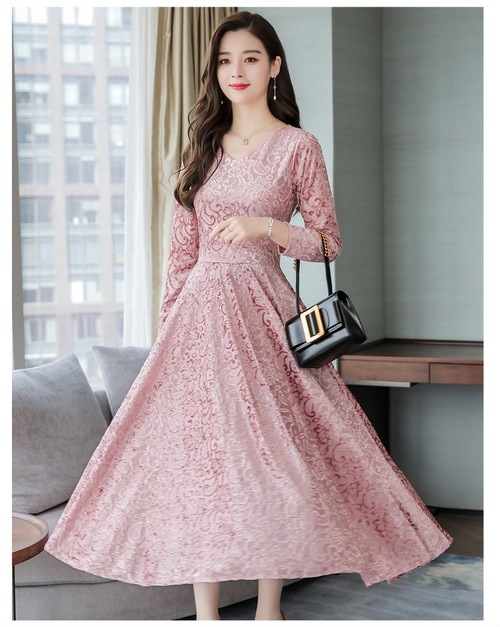 A1097.Vネック刺繍フレアワンピース（ピンク）2019 春夏 sale ドレス エレガント お呼ばれ 結婚式 披露宴 パーティー 女子会 レストラン デート 100,000円