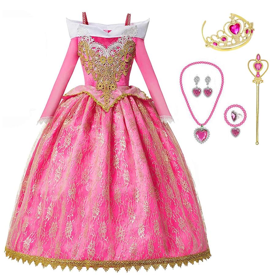 ２点で11o円OFF！【本日限定】2024新作先行発売オーロラ姫 ドレス 子供 コスプレ 衣装 豪華７点 セット ( ドレス ティアラ ステッキ ネックレス イヤリング 指輪 ブレスレット) 100