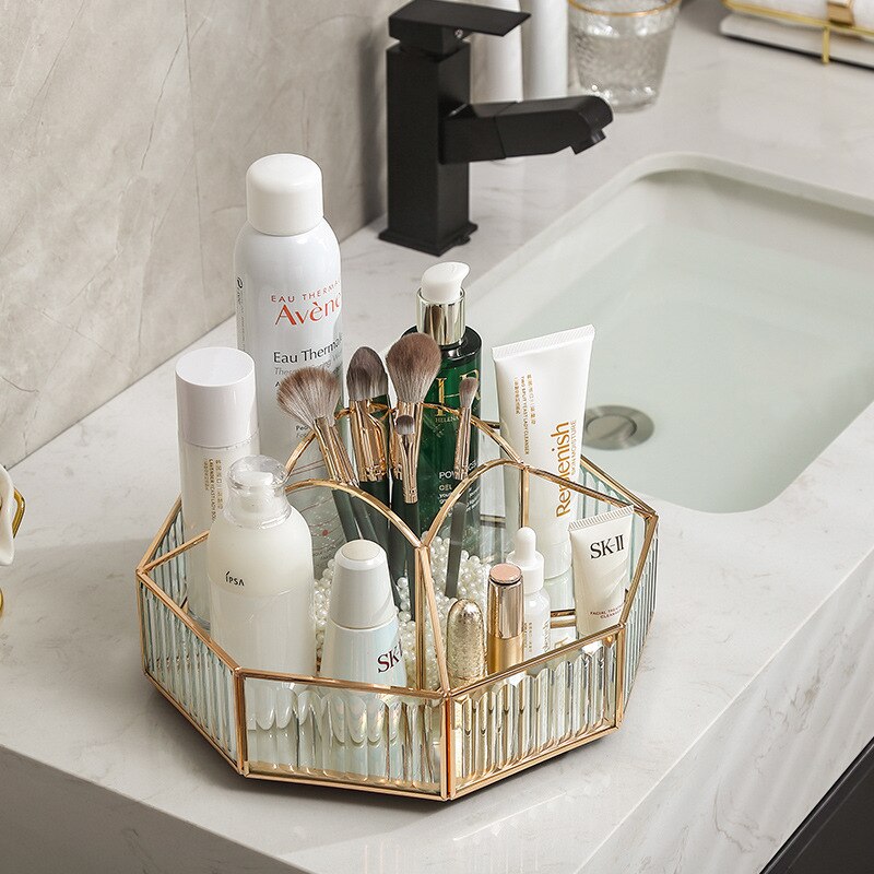 メッシュガラス回転化粧品収納箱デスクトップ口紅ブラシ化粧台置物棚スキンケア用品用箱