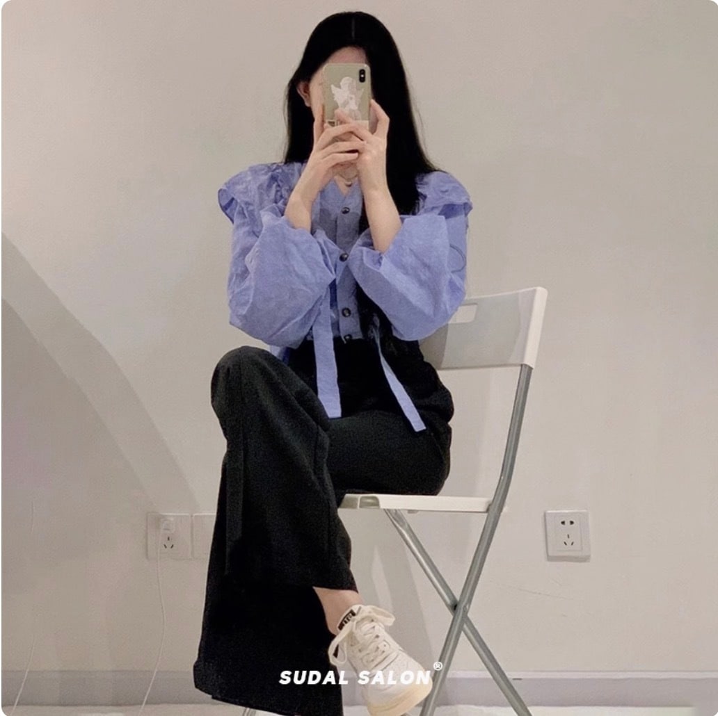 レディース トップス パンツ ボトムス シャツ ブラウス セットアップ デート ストレートパンツ ロング ロング丈 袖あり 長袖 ボリューム袖 萌袖 Vネック 襟なし ワイド 切り替えデザイン