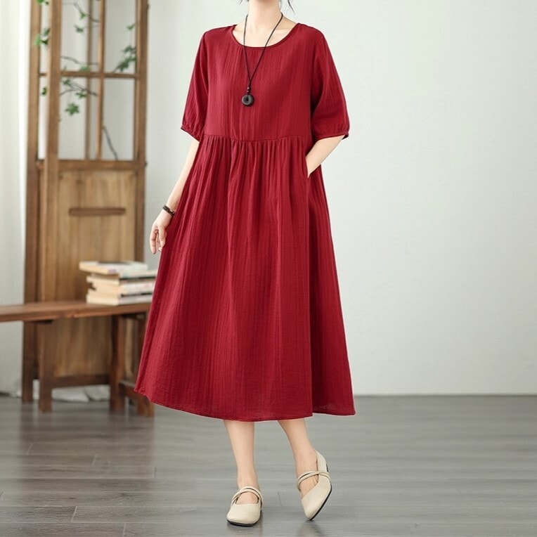 レディース ワンピース 膝下 ミモレ ロング 5分袖 ラウンドネック 襟なし ノーカラー Aライン ポケット きれいめ シンプル カジュアル 上品 おしゃれ こなれ感 無地 春 夏 学生 学校 通学