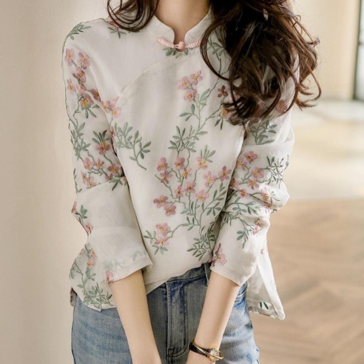 【今季マスト】 バイ プリント エレガント 刺繍 リネン生地 シャツ