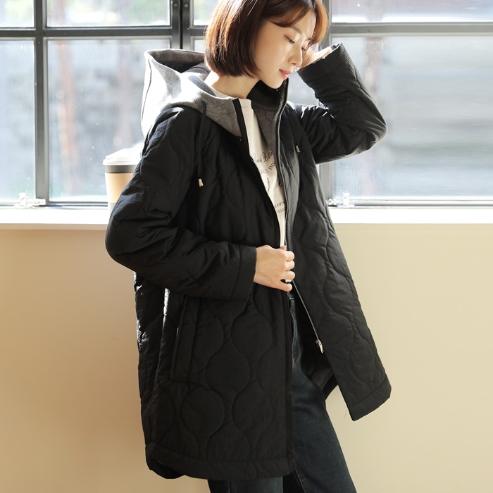 [韓国ファッション] 裏キルティング フード付き ジップアップキルティングコート