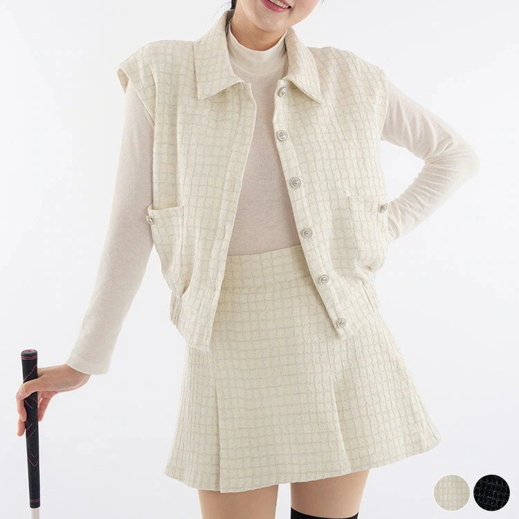 秋冬 冬 セットアップ ベスト レディース 柄 ゴルフウェア Aライン 秋 ラメ スカート 黒 韓国