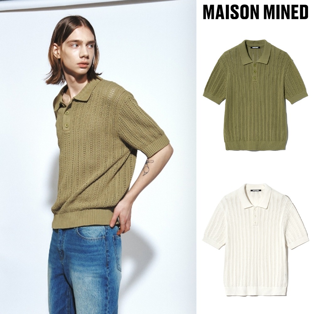 【MAISON MINED】 LEAVES COLLAR BUTTON HALF KNIT