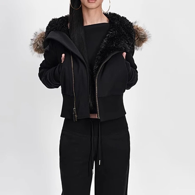 アウター ブラック/グレー 綿服 ファー裏地 フード付きアウター ファーカラー 新作 フード付き