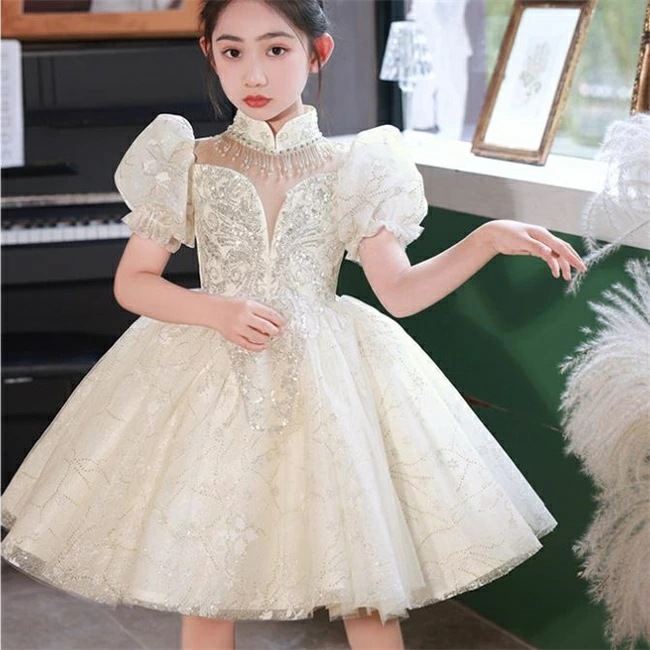 シャンパン ミニドレス　キッズ　ドレス　子供ドレス　Aライン　マキシ丈　フォーマルドレス　ワンピース　キッズ服 子供服 女の子 子ども　発表会　七五三　演出舞台結婚式卒業園　入園式 ピアノ　110