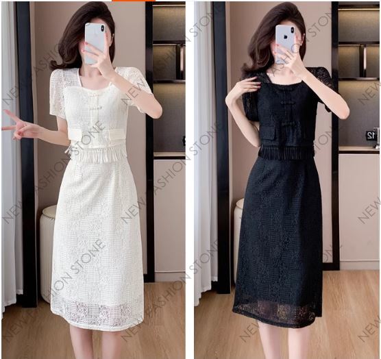 新中国式レトロなスクエアネックレースのフリンジワンピース-26