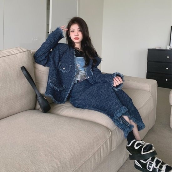 【取寄：納期2週間】セットアップ レディース 韓国 ファッション ツイード フリンジ ノーカラ― ジャケット スカ―ト タイトスカート おしゃれ 2点上下セット スーツ ノーカラ―ジャケット