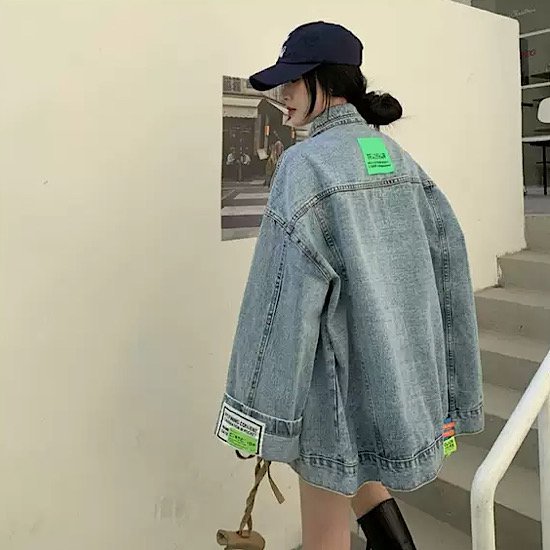 ジャケット ロゴ パッチ 長袖 デニムジャケット アウター オーバーサイズ レディース 無地 体型カバー 春 新作 シンプル カジュアル スプリングウェア ヴィンテージ ストリート トップ