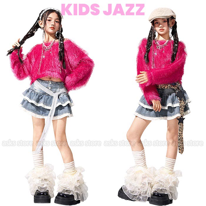 新商品プロモーション，数量限定 キッズ ステージ衣装 ジャズダンス 女の子 発表会 上下セット 長袖 ふわふわ デニムスカート ヒップホップ ストリートダンス チア JAZZ 韓国 ジュニア 子ども