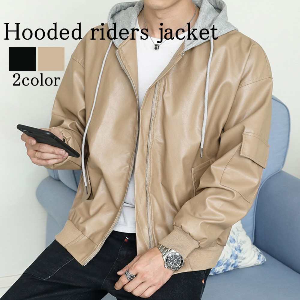 ライダースジャケット メンズ フード付きライダースジャケット 厚手 春 セール Tシャツ 革ジャン 黒 ダブル ジャケット アウター 秋 ライダース 冬 着こなし ブルゾン バイク ブランド レザージ