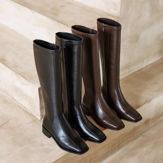 【取寄：納期2週間】ロングブーツ レディース ブーツ 靴 シューズ ロング丈 スクエアトゥ 無地 シンプル きれいめ カジュアル お出かけ サイドジッパー ローヒール 歩きやすい 履きやすい