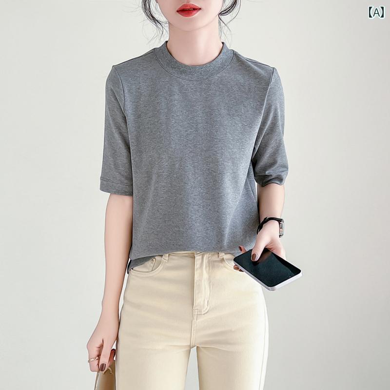 レディース トップス シンプル おしゃれ 秋型 五分袖 綿 小 ハイネック Tシャツ ボトムス 快適 スリム 半袖