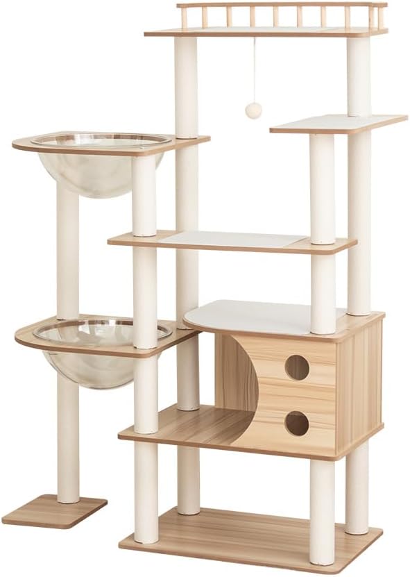 PETTIFUL キャットタワー 木製 据え置き おしゃれ シニア 【滑り止めマット付き】 大型猫 宇宙船 クリアボウル 大型 安定性高い どっしり インテリアに馴染み インテリア性高い 天然木目