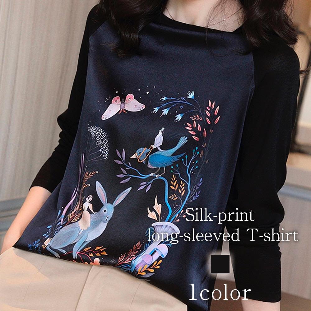 Tシャツ レディース シルクプリント長袖Tシャツ ゆったり ブランド 春 キャンバー コーデ 綿 ブラック ブラウス 40代 カットソー カジュアル ロング かわいい トレーナー 冬 厚手 人気 ティ