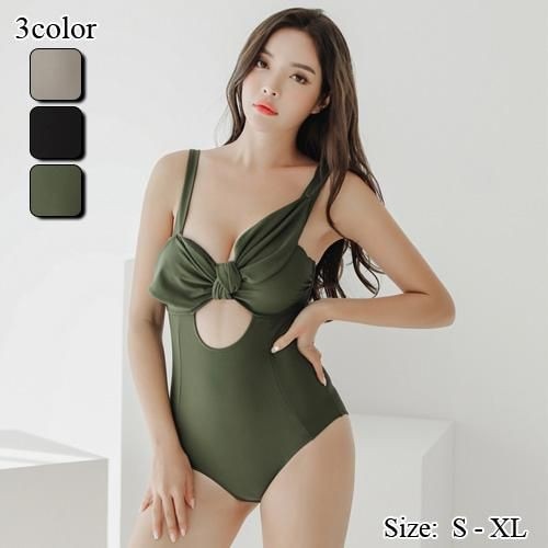 【グラシア】 水着 モノキニ レディース ビーチウェア スイムウェア 流行 海 プール 盛り胸 シック リボン しっかり 大人 カーキ ブラック グリーン S M L ×L モノキニ