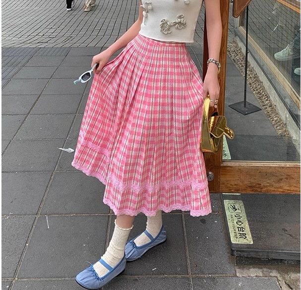 ピンクチェックストライプフラワーガード配色レースロングスカート 핑크체크 줄무늬꽃자가드 배색레이스 롱스커트