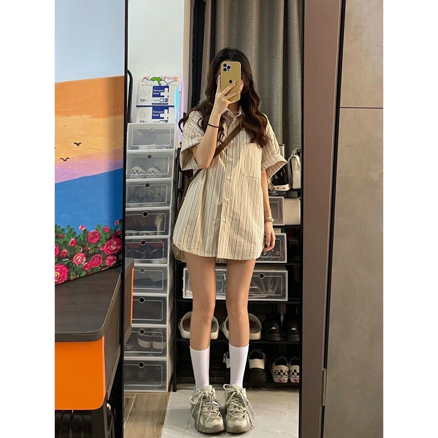 ストライプシャツ レディース レトロ ゆったり半袖 デザイン リラックス 学生 カップル クラス服1097