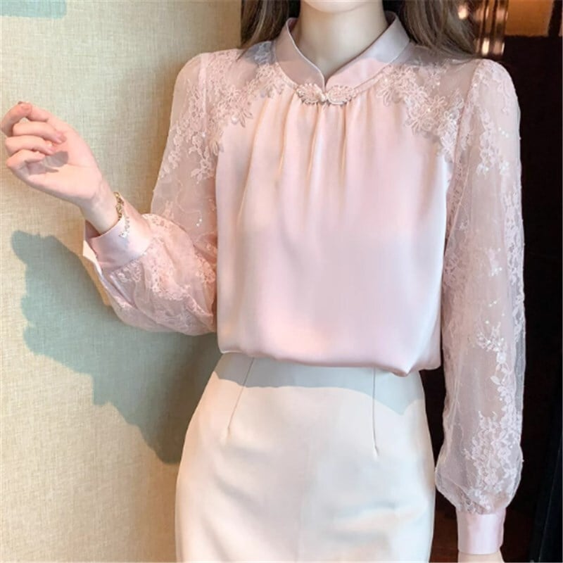トップス シャツ ブラウス 袖あり 長袖 ラウンドネック レース かわいい 大人可愛い きれいめ シンプル カジュアル 大人 上品 おしゃれ お洒落 かっこいい レトロ 大人女子 こなれ感 ラフ