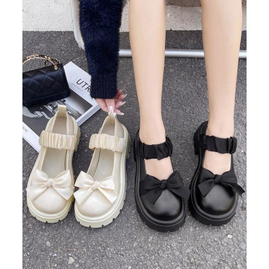 リボン厚底ローファーパンプスラウンドトゥ