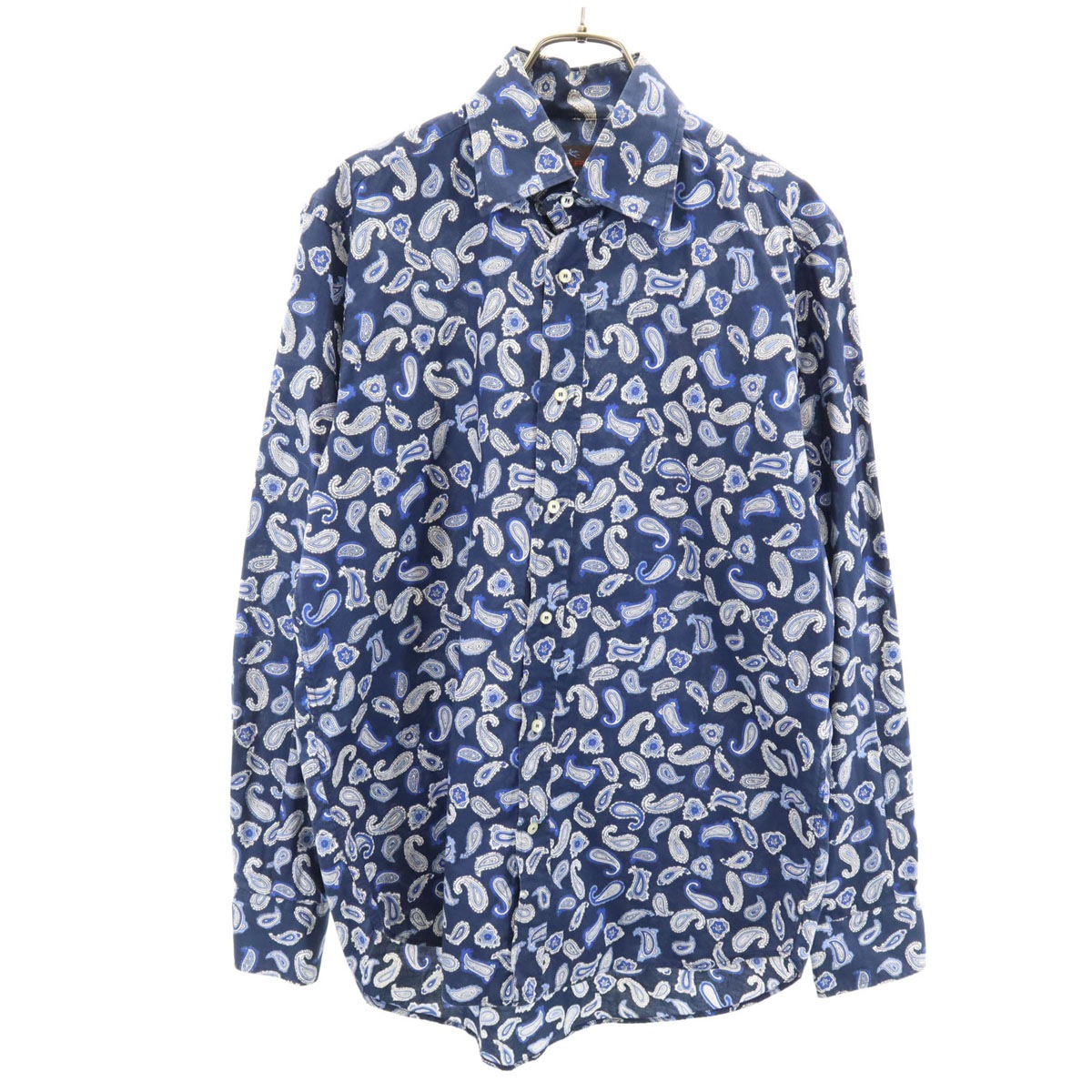 イタリア製 ペイズリー柄 長袖 コットンシャツ S ネイビー メンズ 古着
