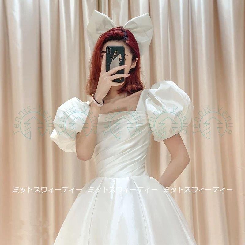 ウェディングドレス プリンセスラインドレス ミモレ丈 パフスリーブ ウエディングドレス 二次会 花嫁