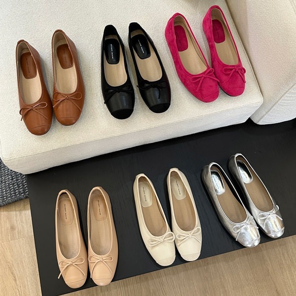 バレエシューズ パンプス りぼん リボン フラット レディース ぺたんこ 黒 茶 銀 ブラック ブラウン アイボリー ピンク ベージュ シルバー 靴 婦人靴 韓国