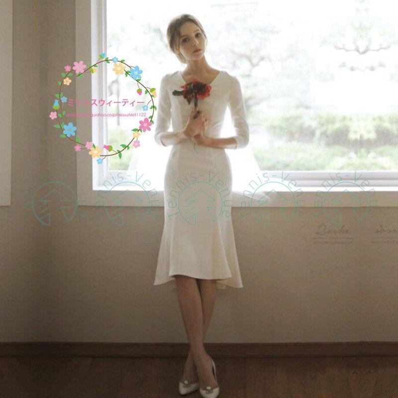 ウエディングドレス ミディアム丈ドレス 袖あり 結婚式ワンピース サテン タイトドレス シンプル 韓