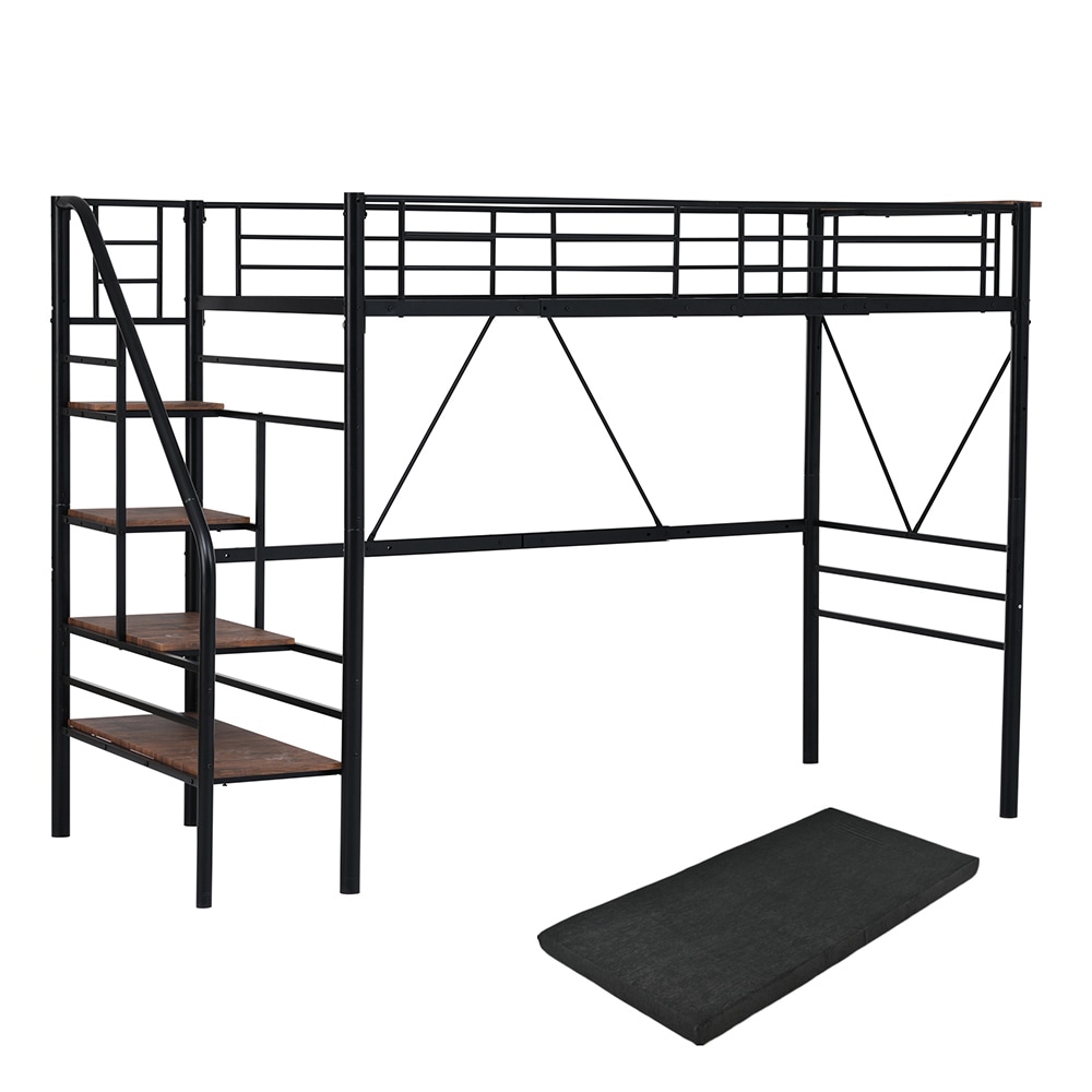 【10cm厚さグレーマットレス付き】ロフトベッド 階段付き S パイプベッド シングル コンセント付き 収納 スチール 耐震 ベッド シングル パイプベッド パイプ