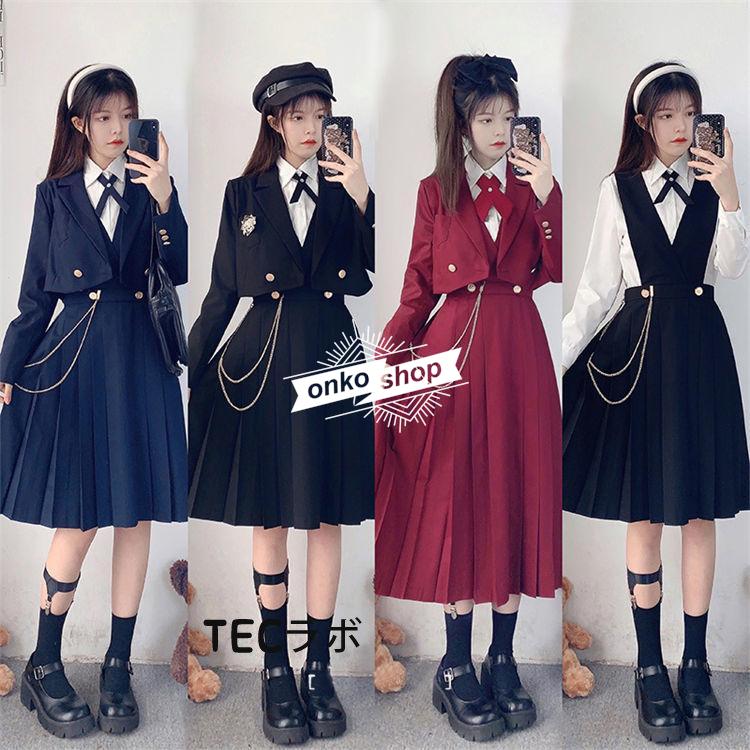 【値下げ！】今日限りで フォーマル スーツ 女子 卒服 制服 卒業式 5点セット 中学生 高校生 女子高校生 JK 制服 ジャンパースカート 可愛い オシャレ 赤 黒 紺 入学式 スーツ ジャケッ 3