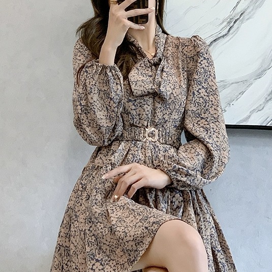 レディース ワンピース ミディアム丈ワンピース フレアワンピース ミディアム丈 長袖 パフスリーブ ウエストベルト フレア シフォン かわいい 大人可愛い きれいめ シンプル 上品 おしゃれ