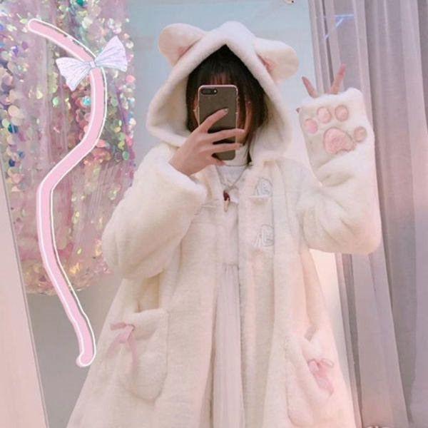 もふもふコート猫耳肉球ボアコートふわふわもこもこパーカーかわいい春冬長袖フード付きアウターオーバーサイズゆったりフリーサイズネコ耳白いd