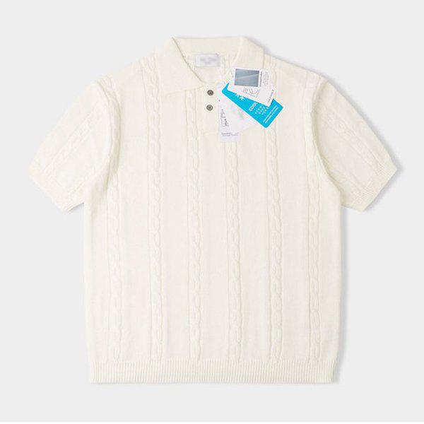 メンズ ローウェン カラネック ケーブル 半袖 ニットTシャツ AT-KNH-Q004-アイボリー