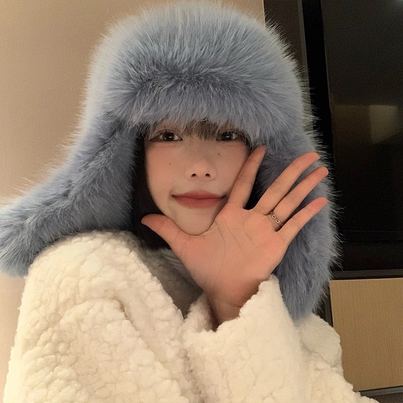 韓国-女性のためのイミテーションミンクの弓の帽子,厚くて暖かい耳の保護帽子,屋外,かわいい,ぬいぐるみ