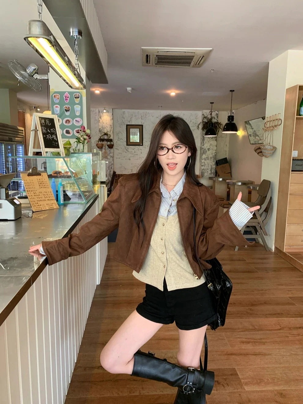 25 長袖 ジャケット×フェイクツーピーストップス かわいいトレンドショートレディース韓国ストリート アウター 羽織り合成バイカラーきれいめファッション色っぽ女っぽカジュアル大人